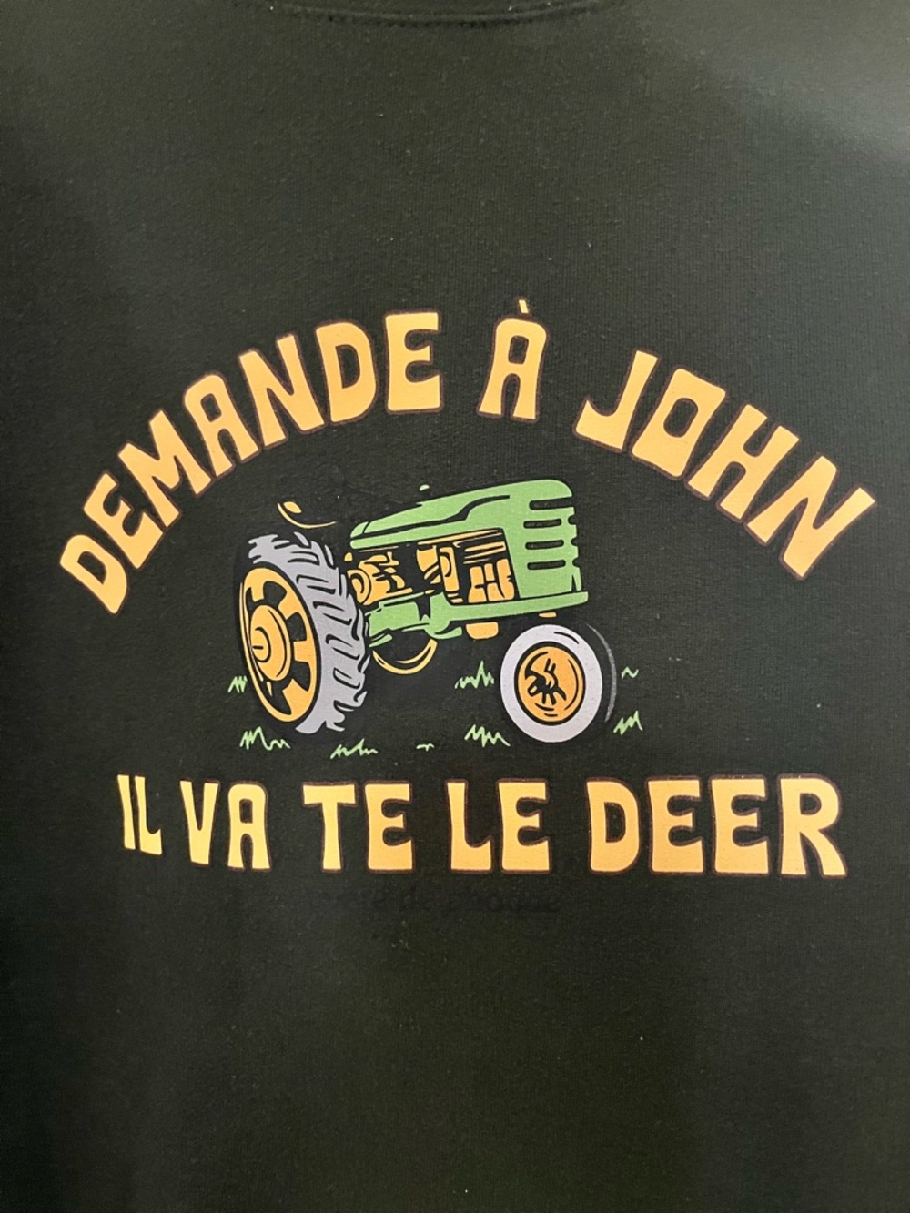 Sweater XL vert olive style vintage tracteur “Demande à John” unisexe comfy - Picture 2 of 4
